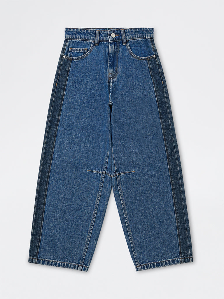 Boys Dark Blue Contrast-Panel Mid-Rise Relaxed-Fit Jeans