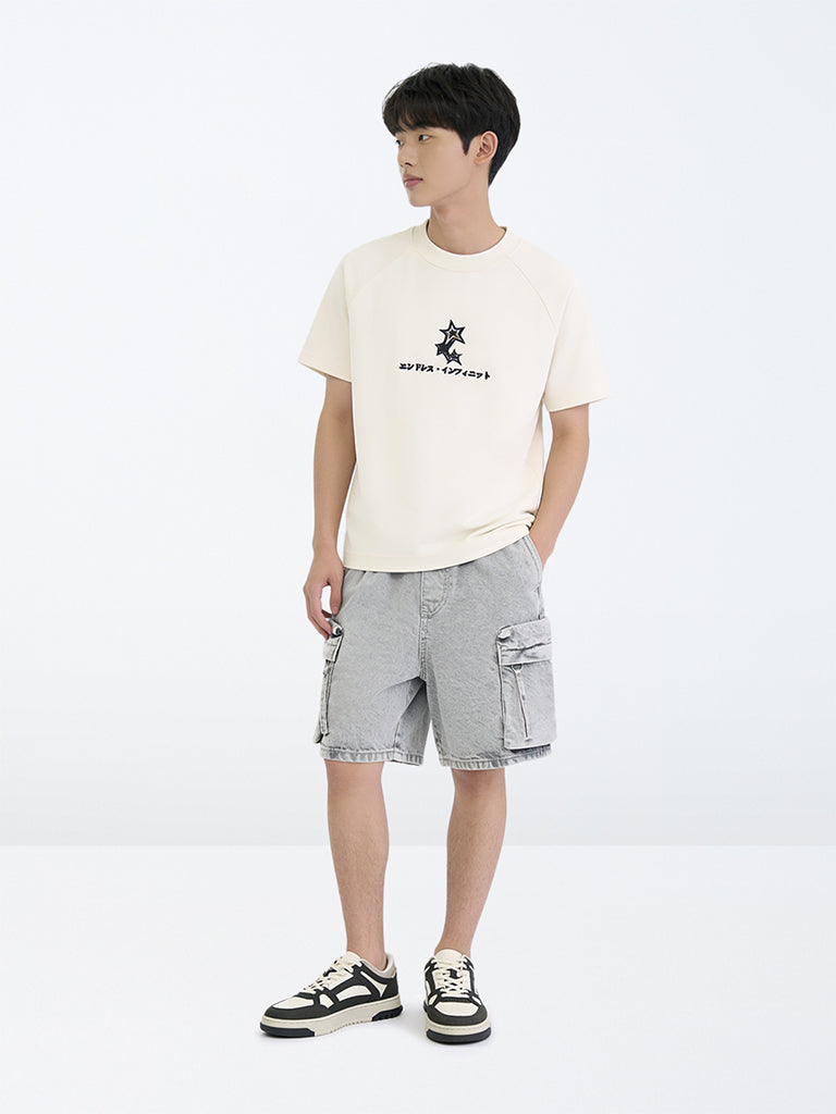 Boys Light Grey Washed Mid-Rise Denim Shorts