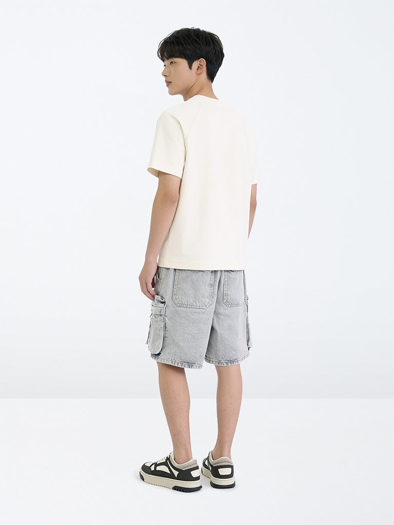 Boys Light Grey Washed Mid-Rise Denim Shorts
