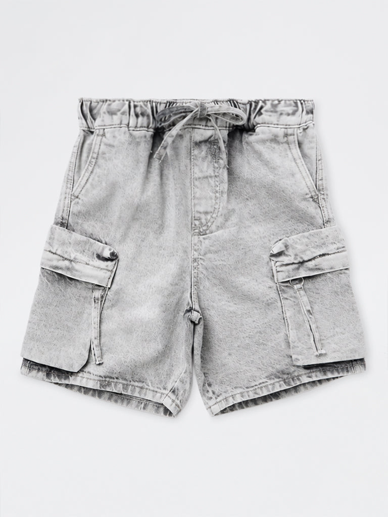 Boys Light Grey Washed Mid-Rise Denim Shorts