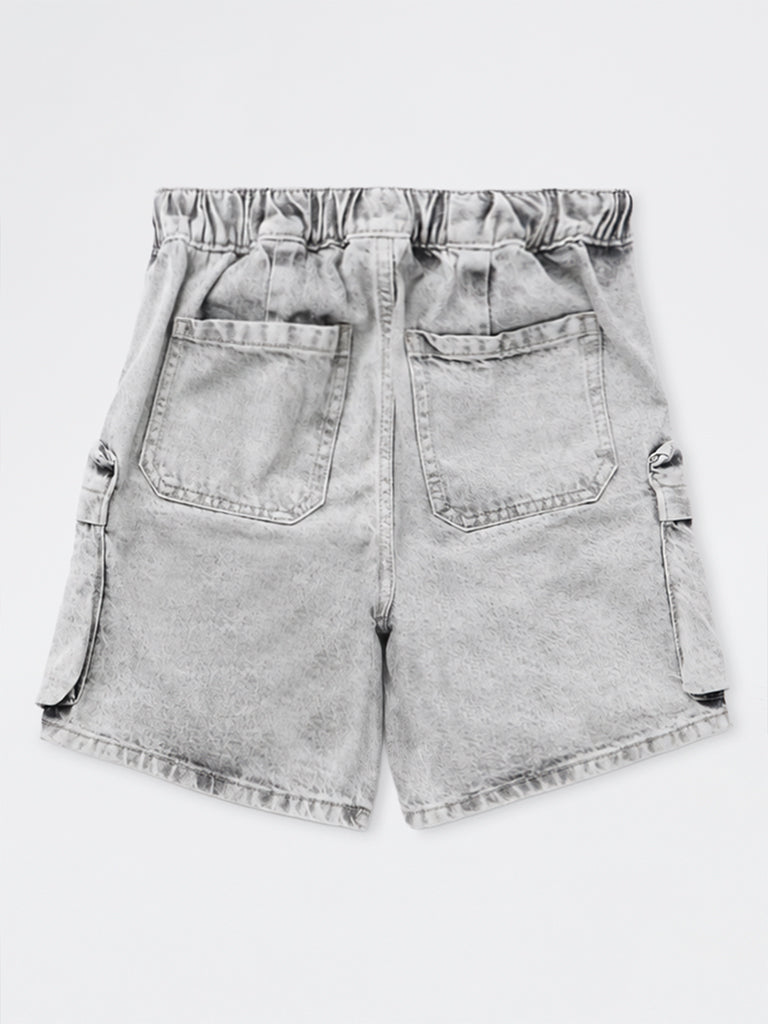 Boys Light Grey Washed Mid-Rise Denim Shorts