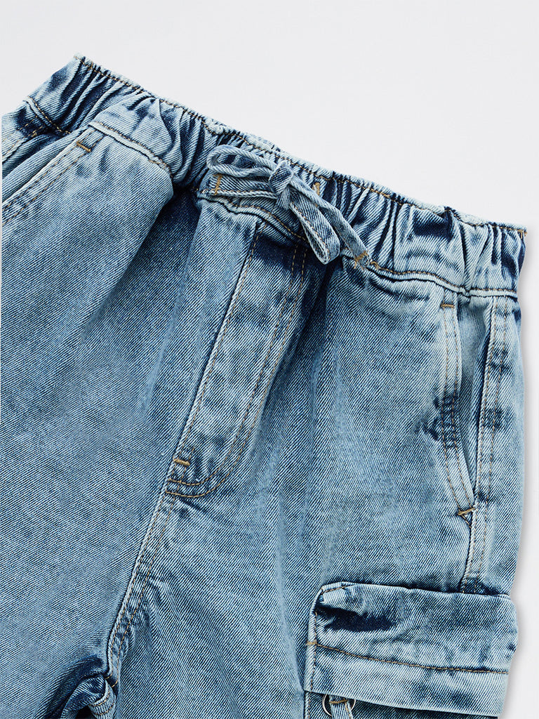 Boys Blue Washed Mid-Rise Denim Shorts