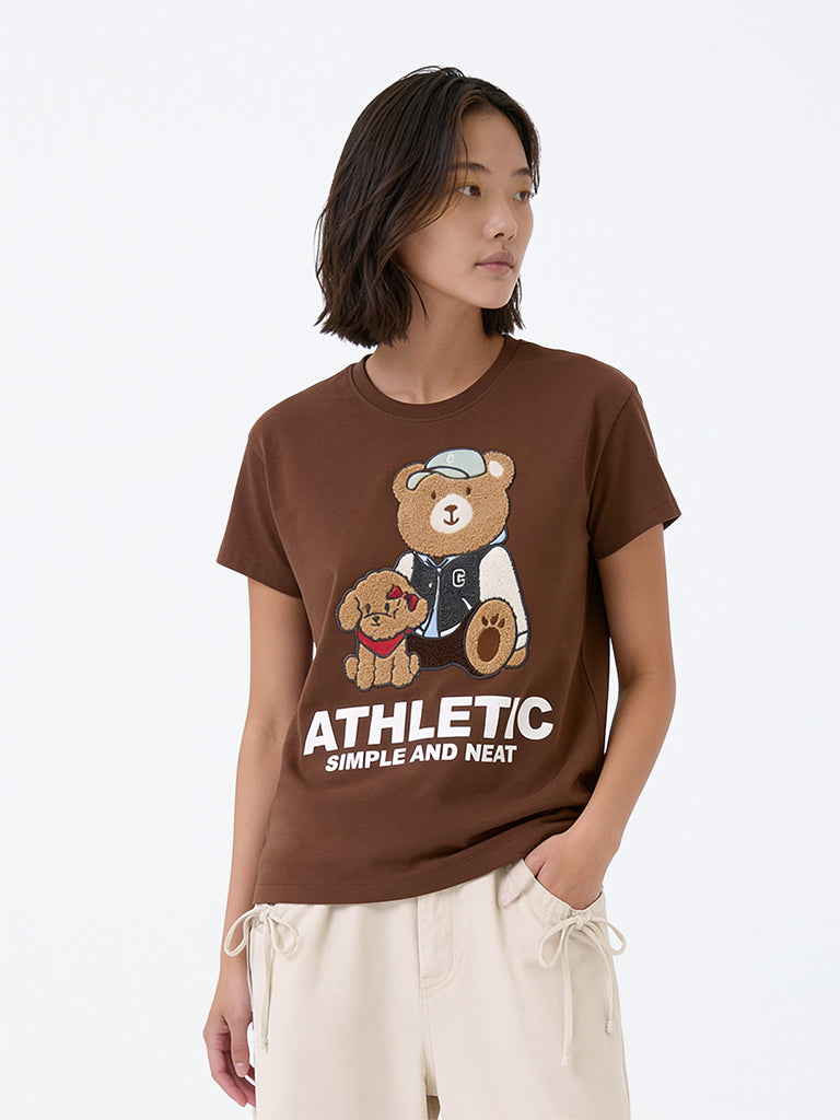 Y&F Kids Girls Brown Teddy Design Cotton T-Shirt