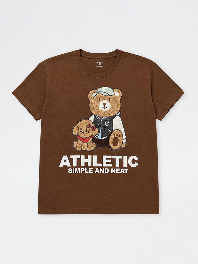 Y&F Kids Girls Brown Teddy Design Cotton T-Shirt