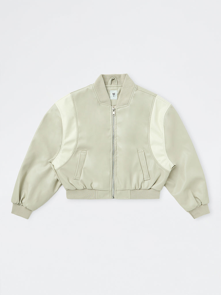 Girls Light Beige Striped Bomber Jacket