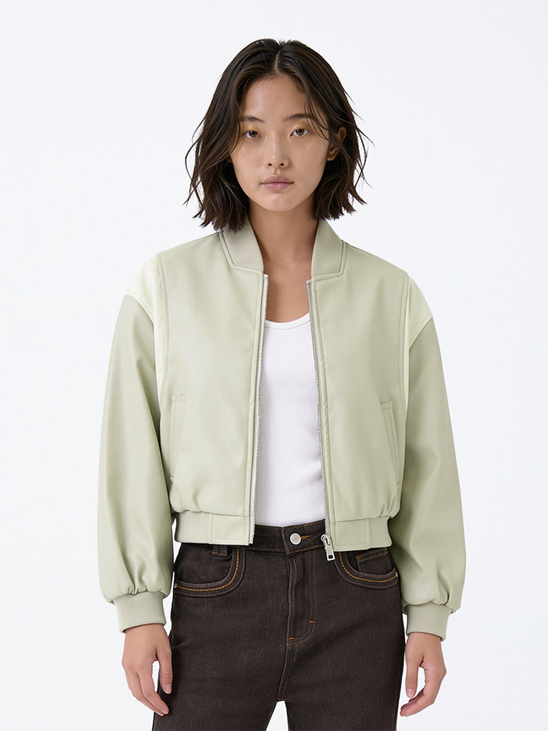 Girls Light Beige Striped Bomber Jacket
