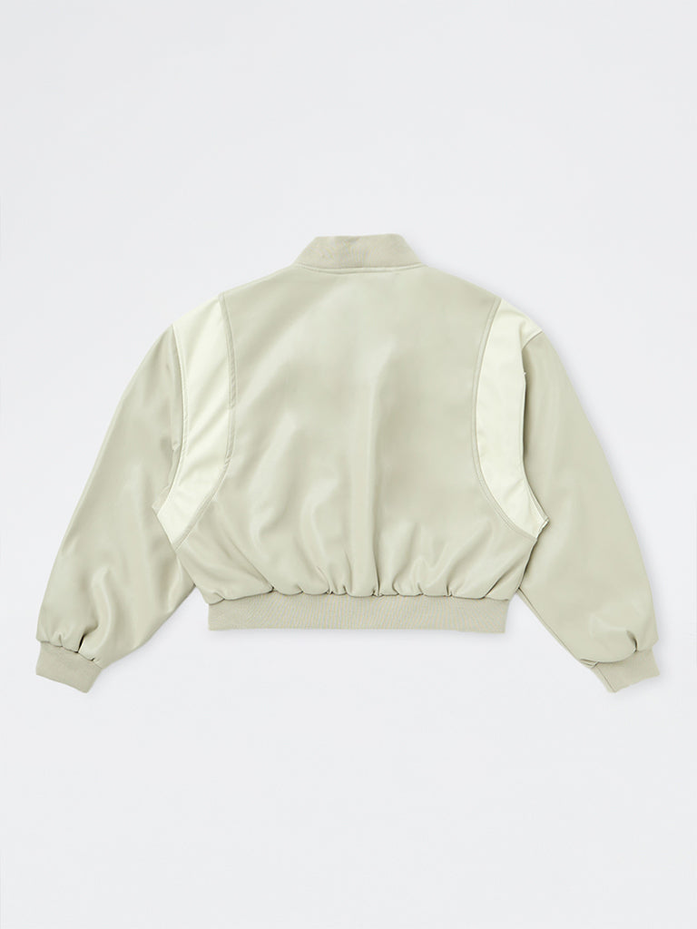 Girls Light Beige Striped Bomber Jacket