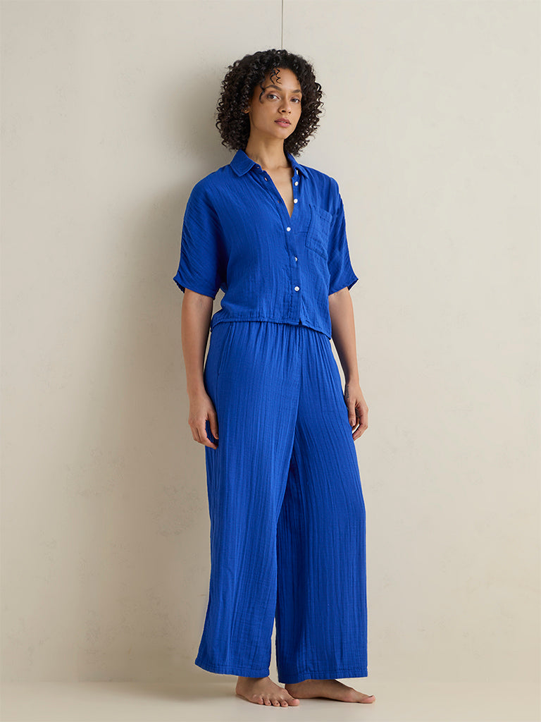 Wunderlove Blue Crinkle-Textured Cotton Beach Shirt