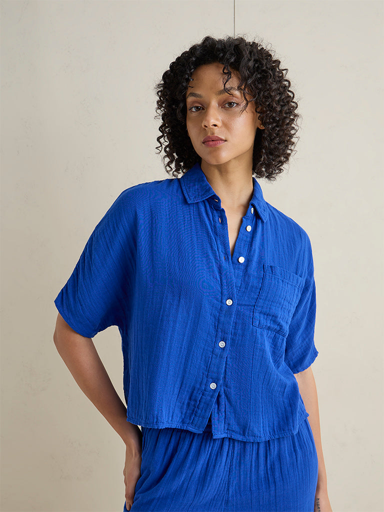 Wunderlove Blue Crinkle-Textured Cotton Beach Shirt