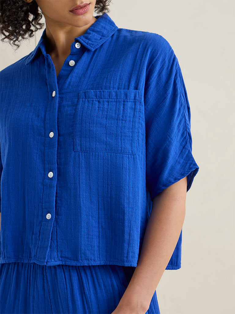 Wunderlove Blue Crinkle-Textured Cotton Beach Shirt