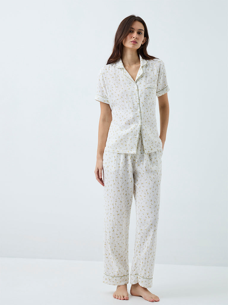 Wunderlove White Floral Printed Cotton Shirt and Pyjamas Set