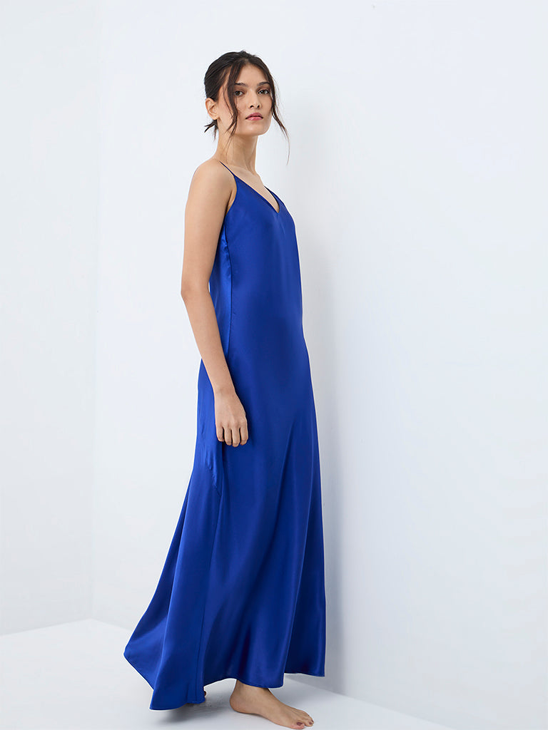 Wunderlove Blue Solid Satin Slip Dress