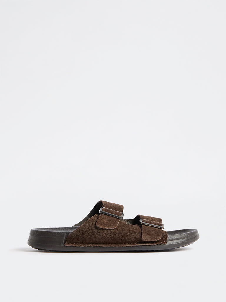 SOLEPLAY Dark Brown Dual-Strap Suede Slip-On Slides