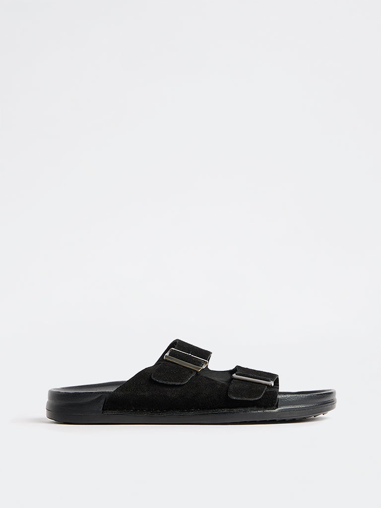 SOLEPLAY Black Dual-Strap Suede Slip-On Slides