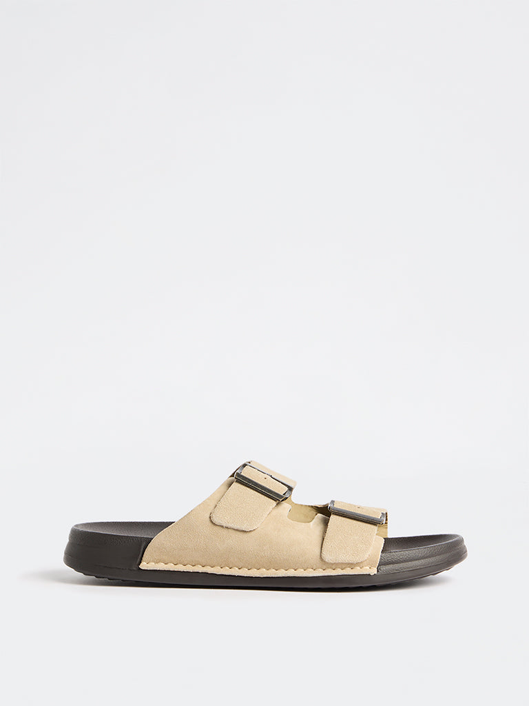 SOLEPLAY Off-White Dual-Strap Suede Slip-On Slides