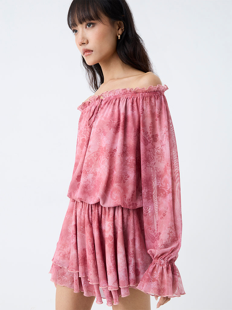 Nuon Pink Paisley Design Off-Shoulder Dress