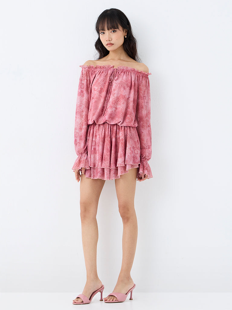 Nuon Pink Paisley Design Off-Shoulder Dress