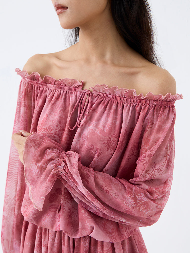 Nuon Pink Paisley Design Off-Shoulder Dress