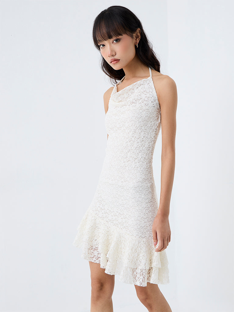 Nuon White Floral Lace Design Assymetrical Dress