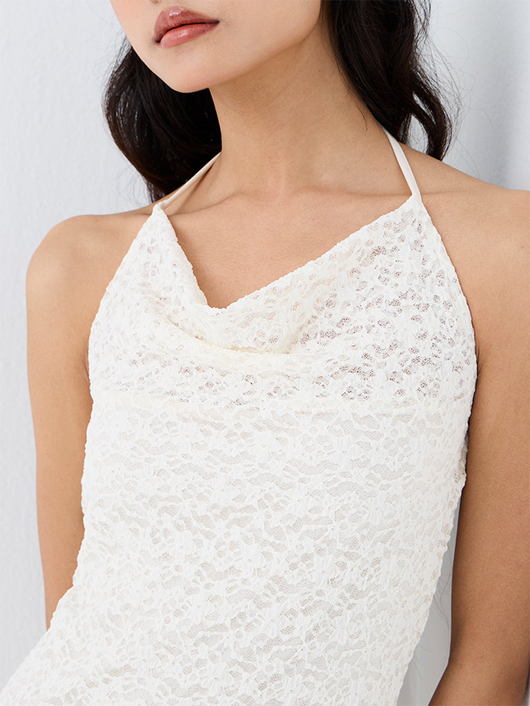 Nuon White Floral Lace Design Assymetrical Dress