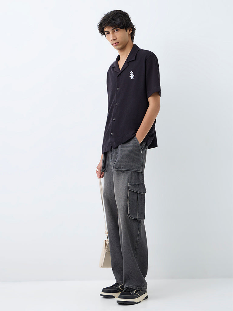 Nuon Black Graphic Embroidered Relaxed-Fit Cotton Shirt