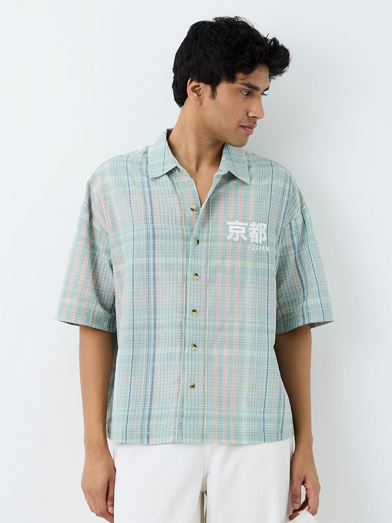 Nuon Mint Checkered Relaxed-Fit Cotton Shirt