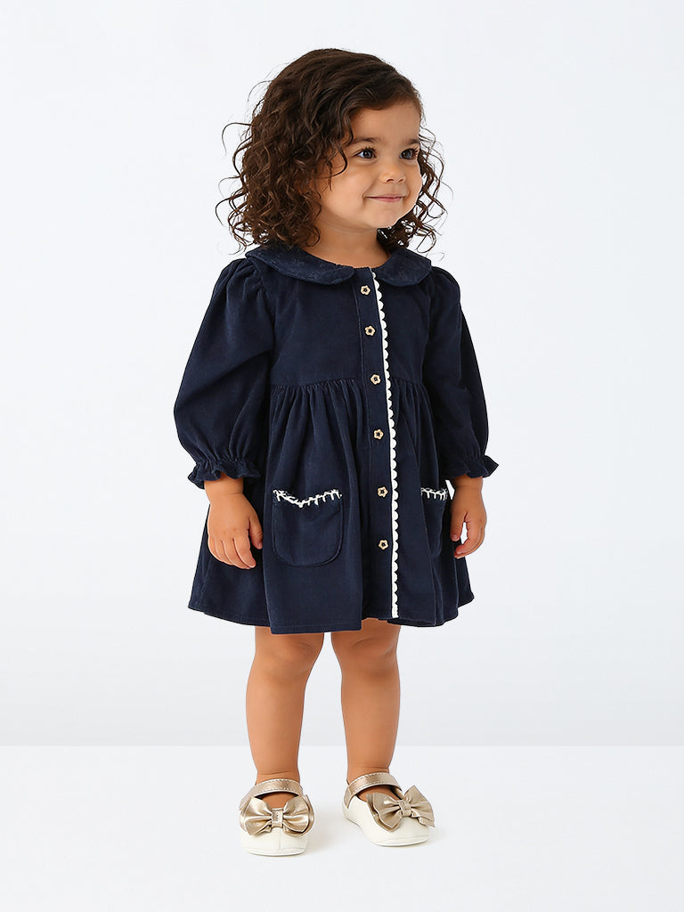 HOP Baby Girls Navy Corduroy Cotton A-Line Dress