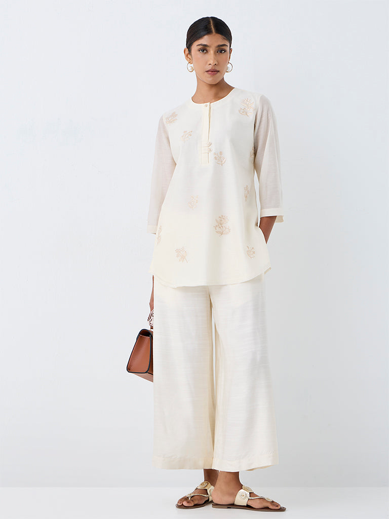 Zuba Off-White Botanical Embroidered Cotton-Blend Tunic