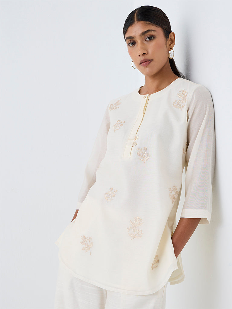 Zuba Off-White Botanical Embroidered Cotton-Blend Tunic