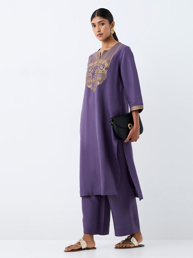 Zuba Violet Embroidered A-Line Kurta