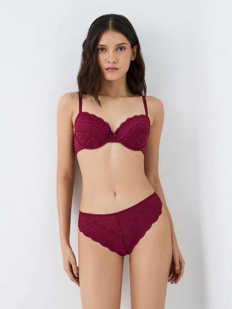 Wunderlove Maroon Lace Detailed Underwired Bra