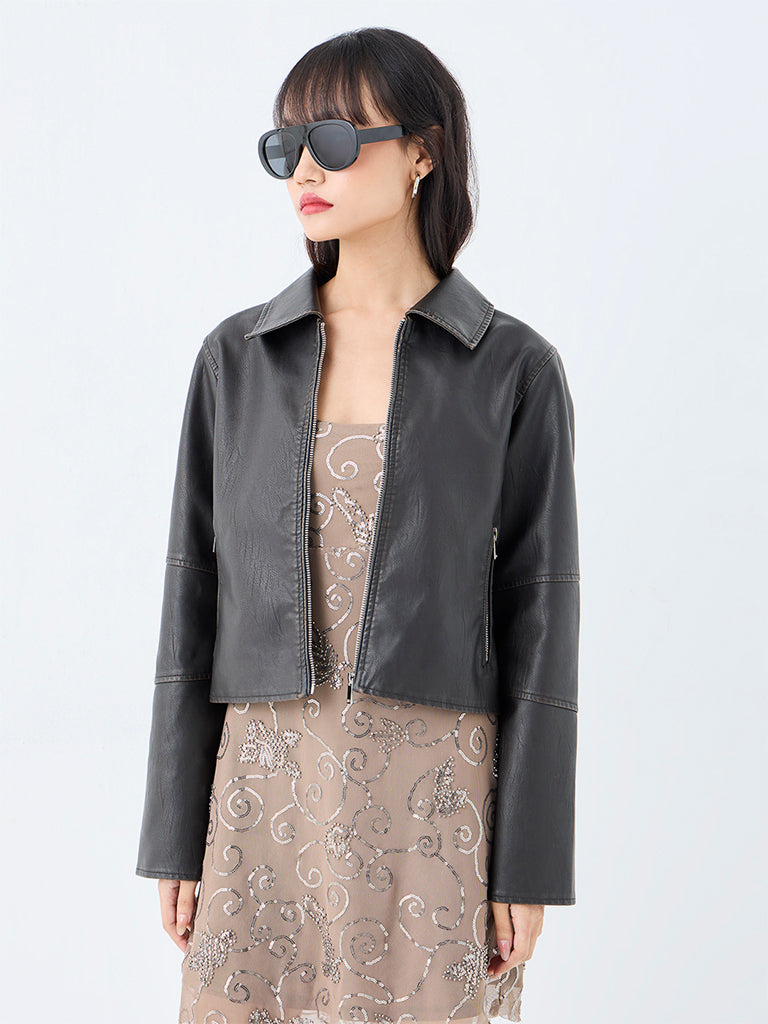 Nuon Brown Crinkle-Textured Oversized-Fit Jacket