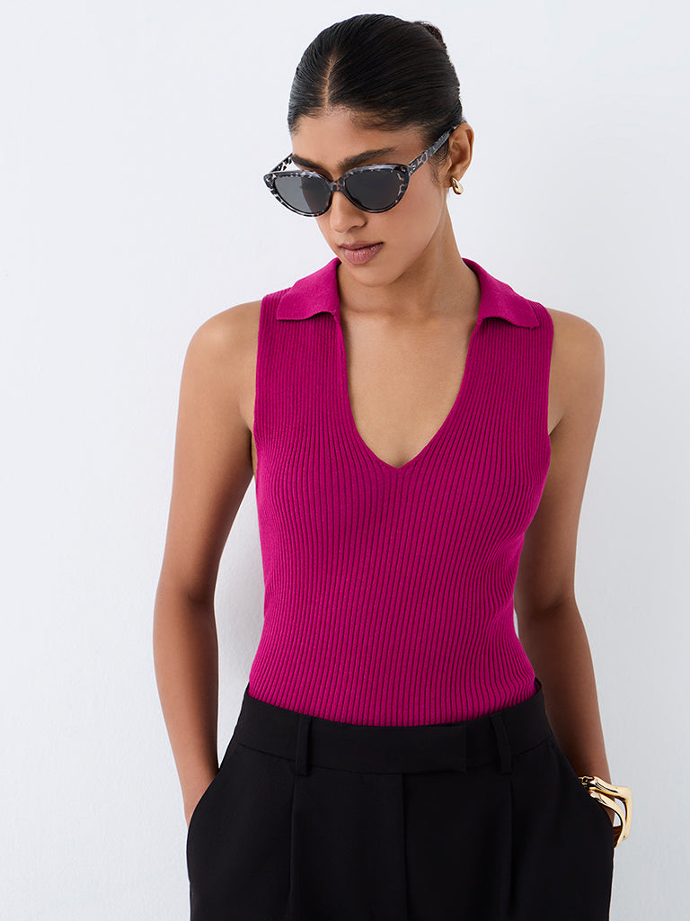 Wardrobe Wardrobe Magenta Ribbed-Textured Top