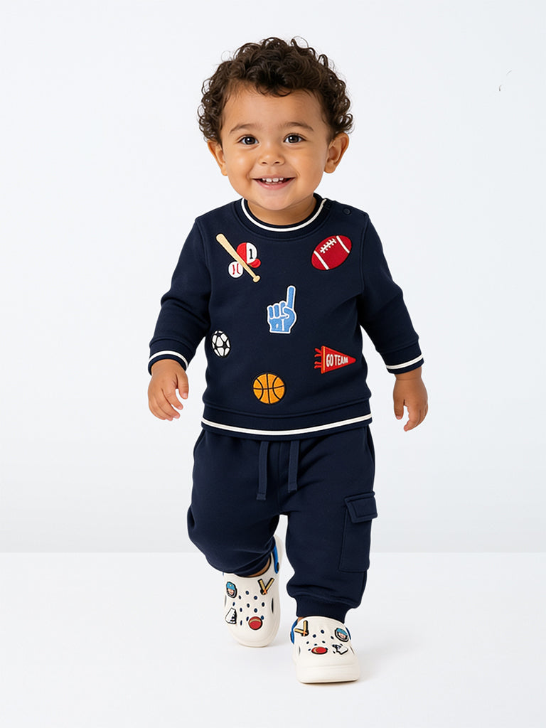 HOP Baby Boys Navy Sports-Applique Cotton-Blend Sweatshirt and Joggers Set