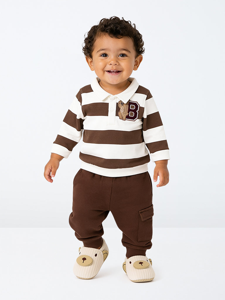 HOP Baby Boys Dark Brown Striped Cotton-Blend Sweatshirt and Pants Set
