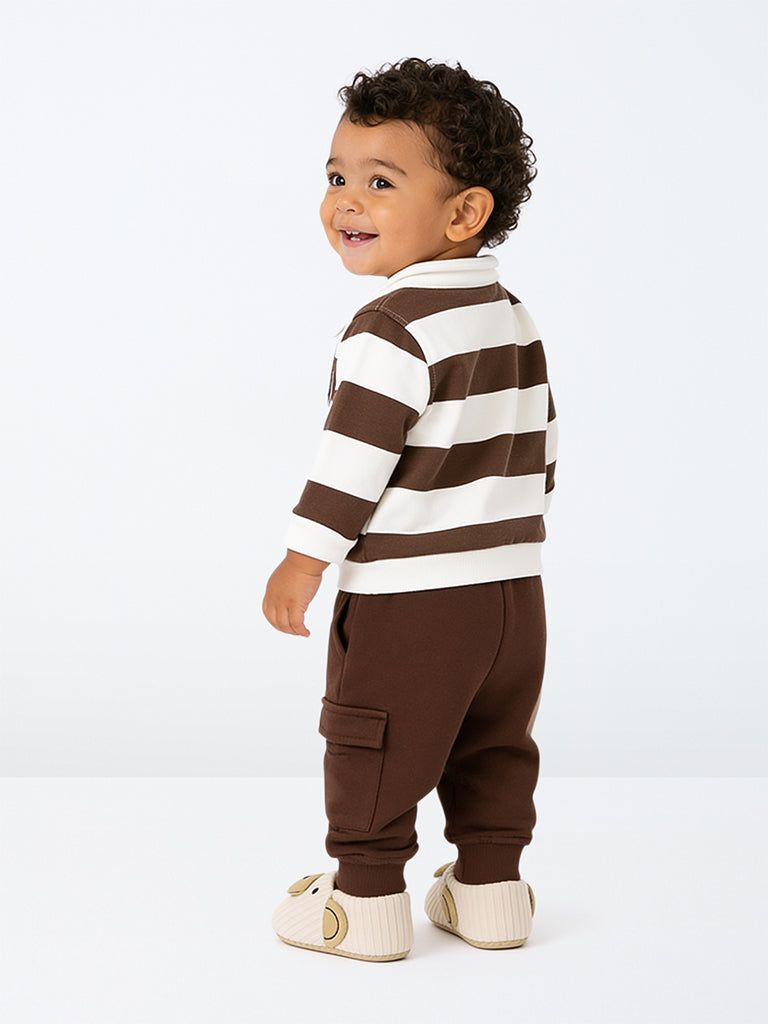 HOP Baby Boys Dark Brown Striped Cotton-Blend Sweatshirt and Pants Set