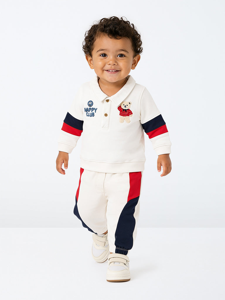 HOP Baby Boys Off-White Colour-Blocked Cotton-Blend Sweater and Pants Set