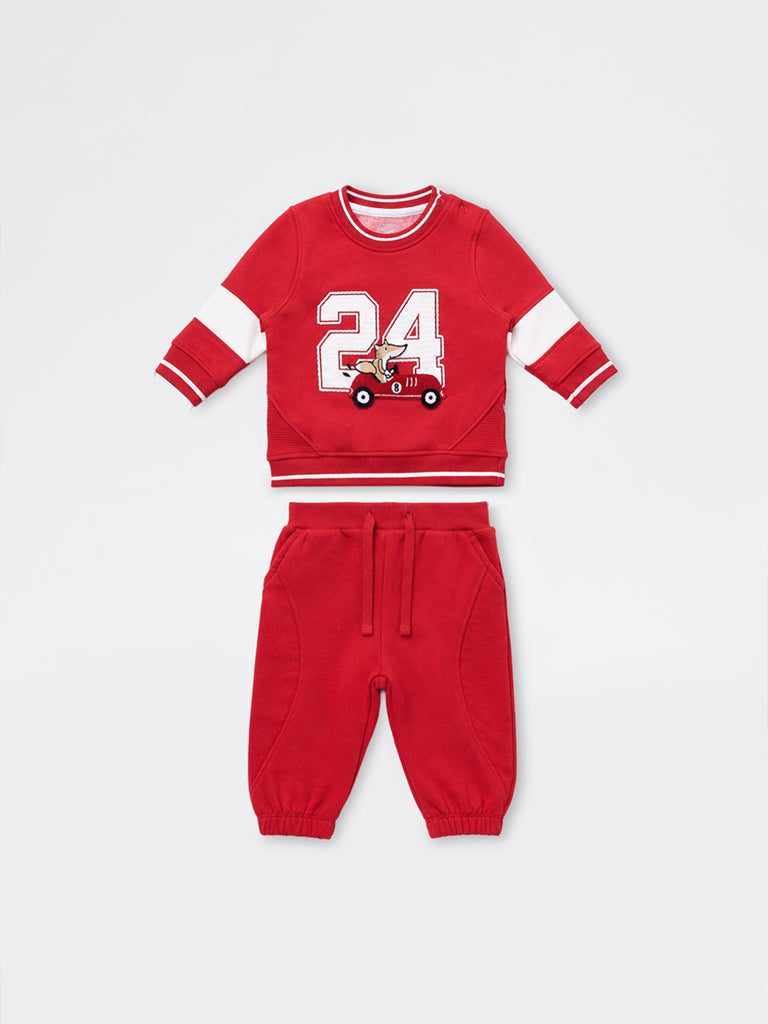 HOP Baby Boys Red Numerical Printed Cotton-Blend Sweatshirt and Joggers Set
