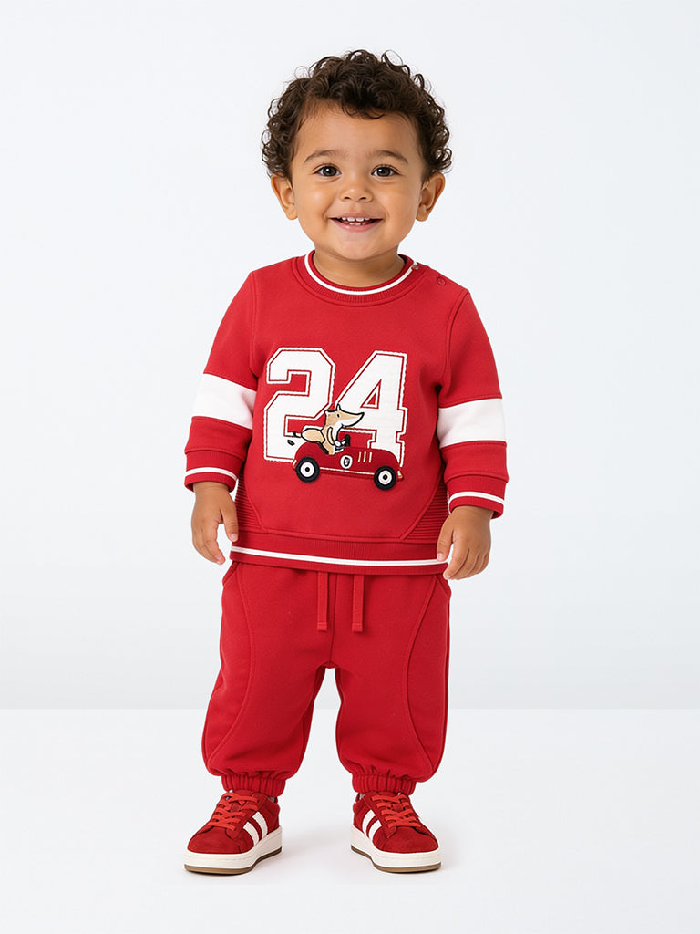 HOP Baby Boys Red Numerical Printed Cotton-Blend Sweatshirt and Joggers Set