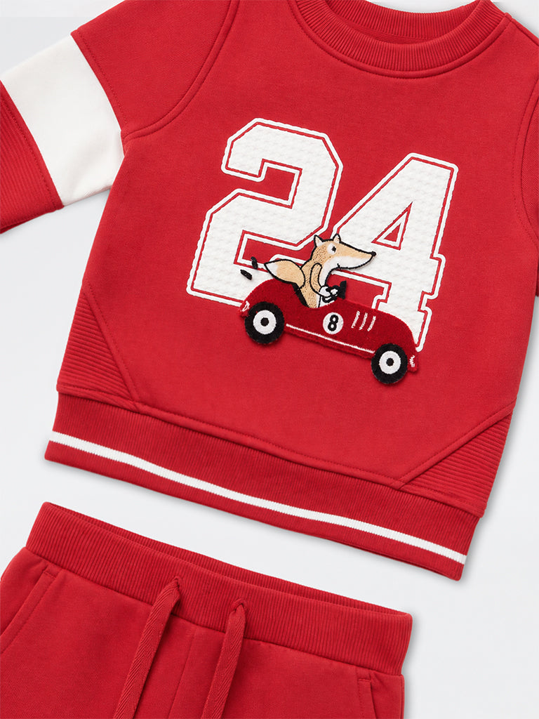 HOP Baby Boys Red Numerical Printed Cotton-Blend Sweatshirt and Joggers Set