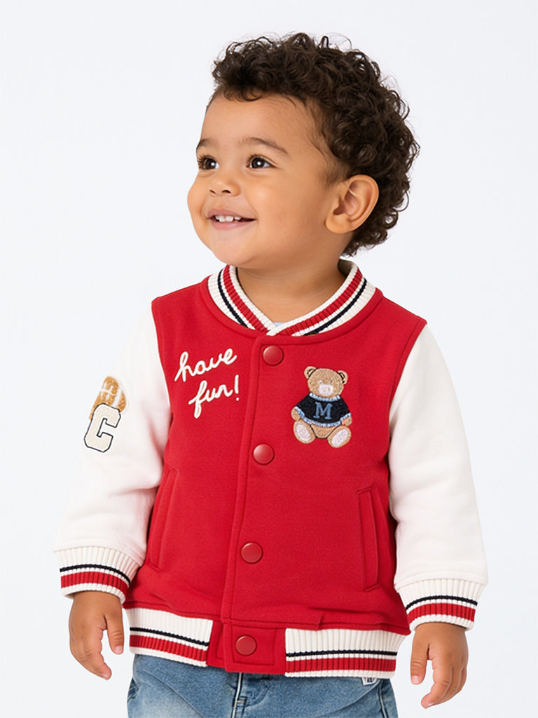 HOP Baby Boys Red Teddy-Embroidered Cotton-Blend Varsity Jacket