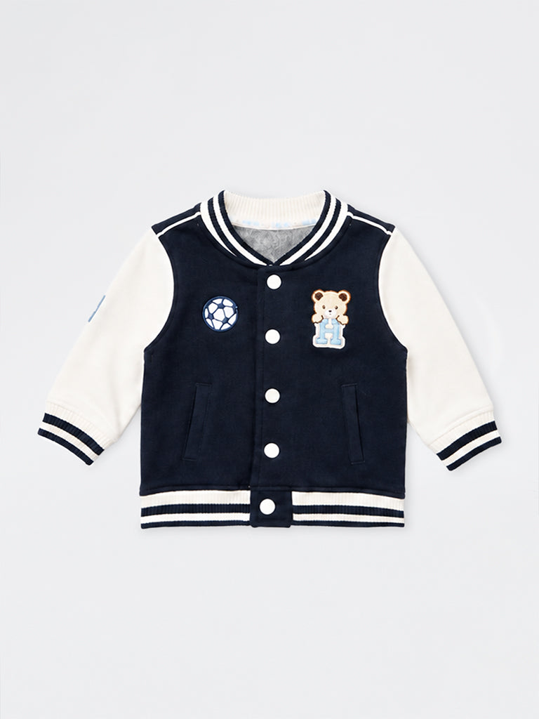 HOP Baby Boys Navy Patch-Detailed Cotton-Blend Varsity Jacket