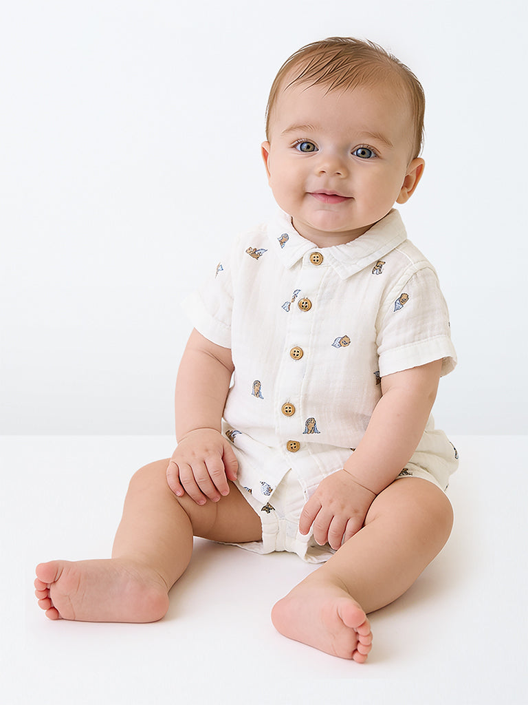 HOP Baby Boys White Teddy Printed Cotton Shirt and Shorts Set