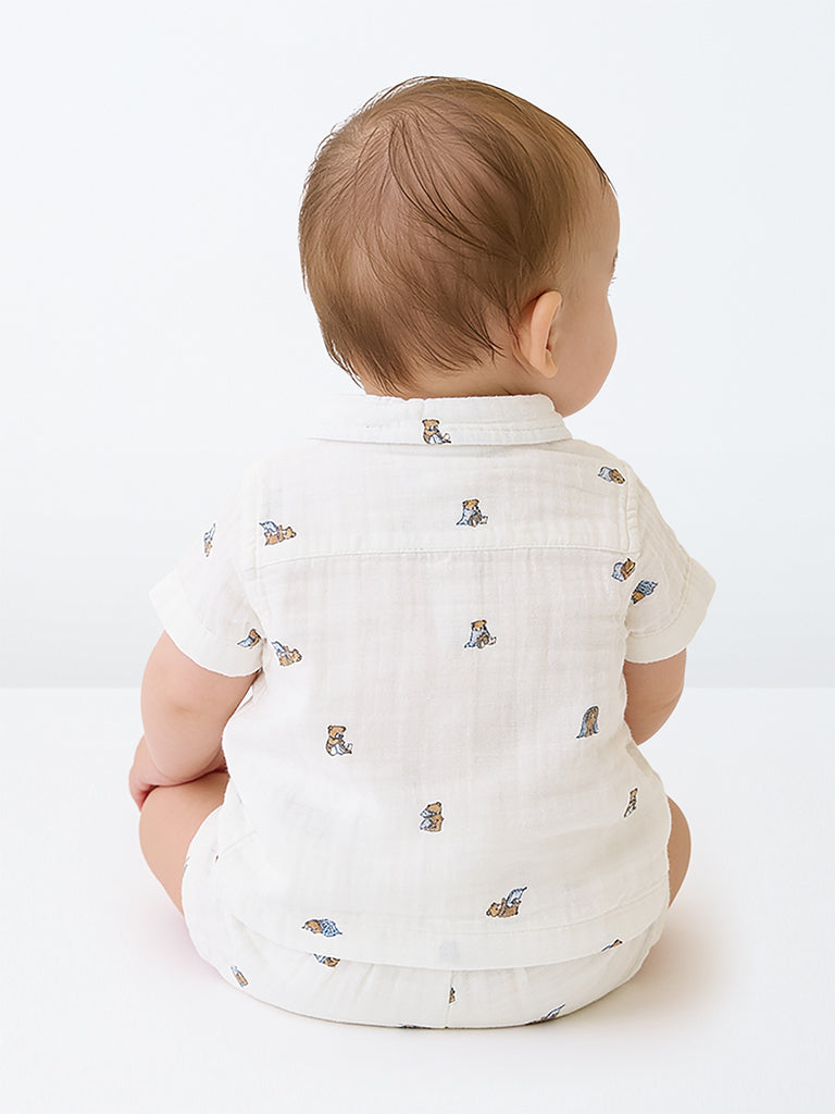 HOP Baby Boys White Teddy Printed Cotton Shirt and Shorts Set