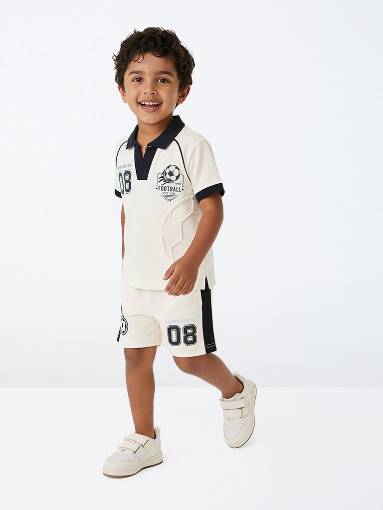 HOP Kids Boys White Printed Mid-Rise Cotton Shorts