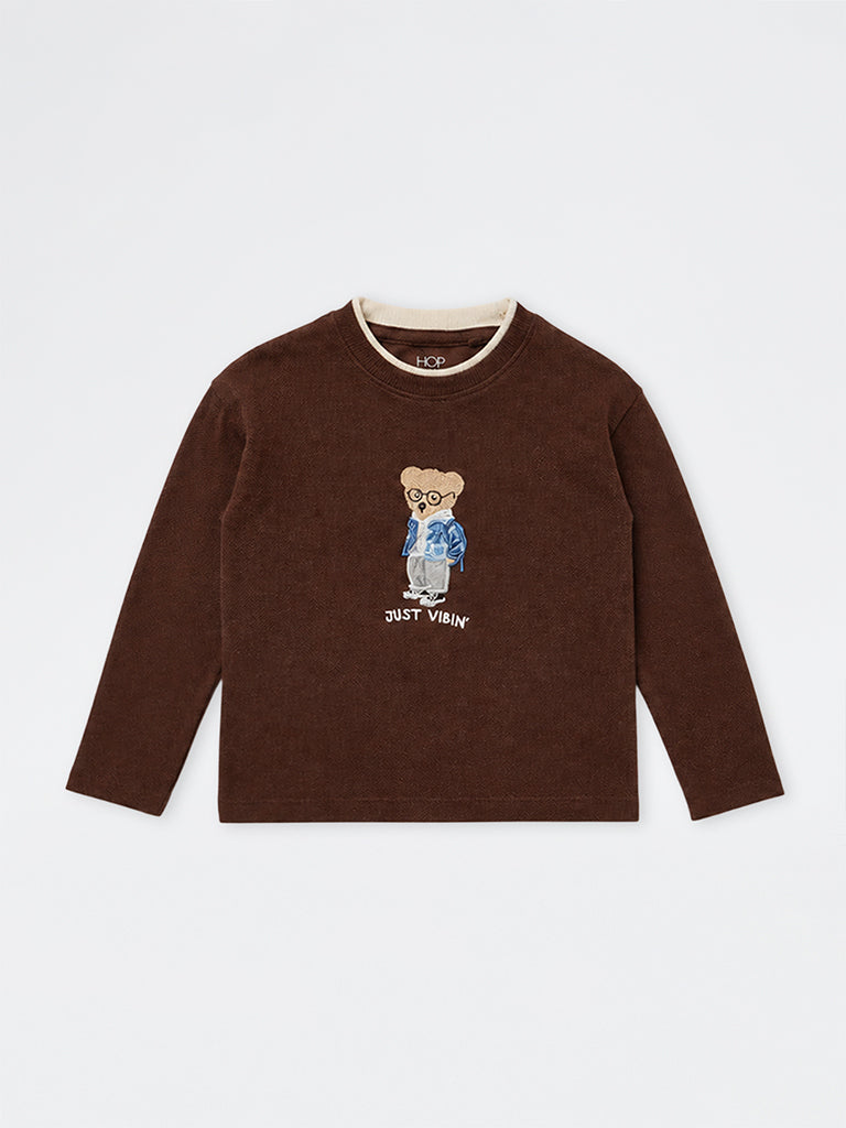 HOP Kids Boys Brown Teddy Embroidered Knitted Cotton Sweater