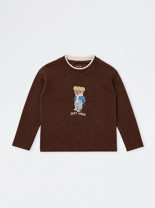 HOP Kids Boys Brown Teddy Embroidered Knitted Cotton Sweater