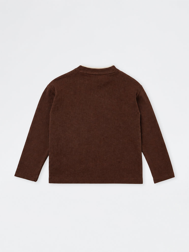 HOP Kids Boys Brown Teddy Embroidered Knitted Cotton Sweater
