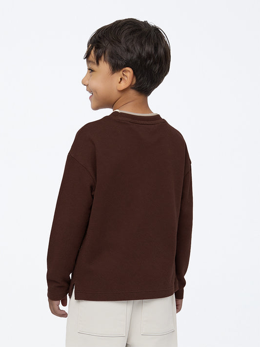 HOP Kids Boys Brown Teddy Embroidered Knitted Cotton Sweater