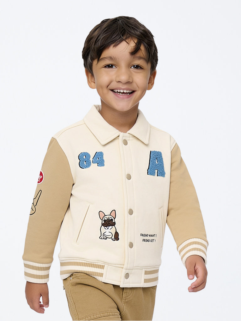 HOP Kids Boys Beige Colour-Blocked Cotton-Blend Varsity Jacket